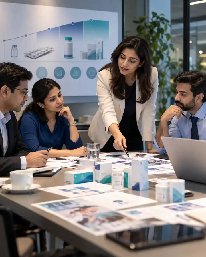 Healthcare brand team reviewing pharmaceutical portfolio and lifecycle plans