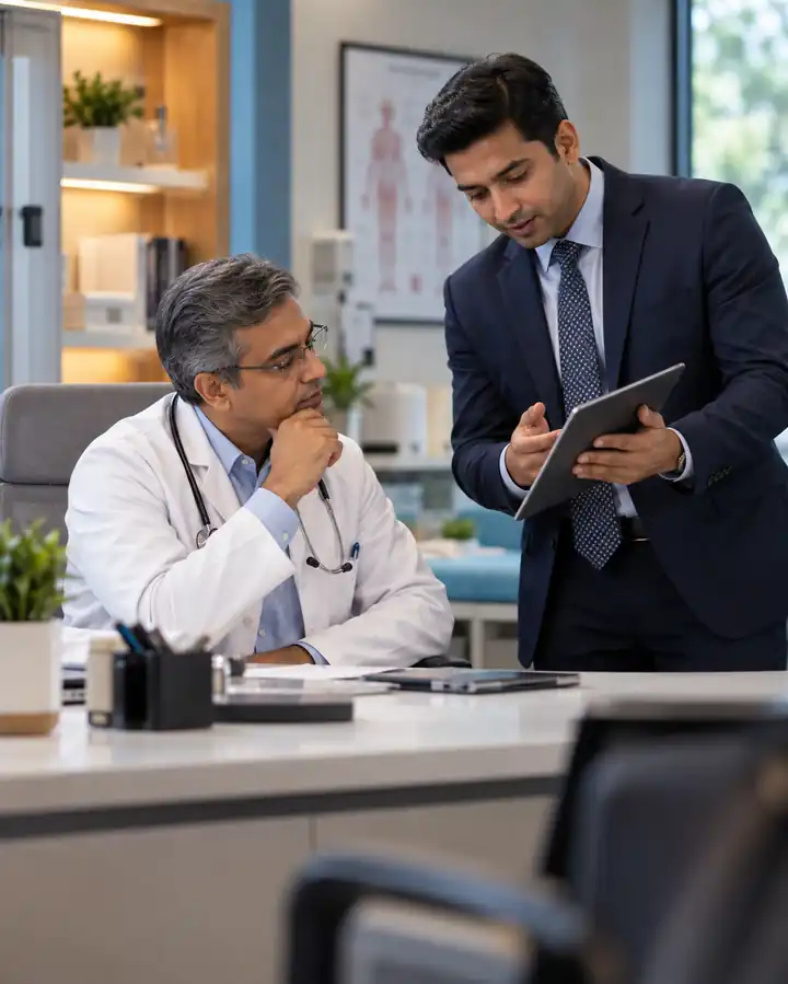 Pharmaceutical field representative discussing product information with a doctor