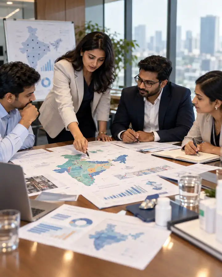 Market development team reviewing geographic territories and expansion planning